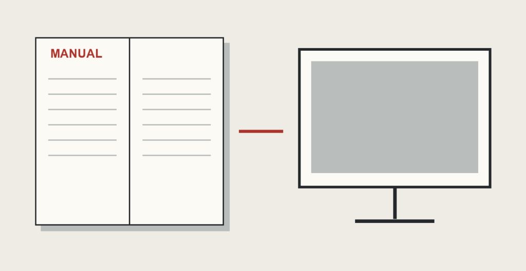 An original open manual is placed beside a screen, joined by a line. It illustrates an interface spanning a document and software, not an actual game.